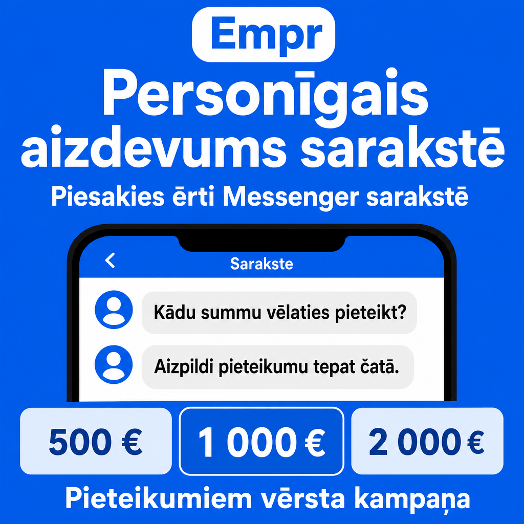 Direct Empréstimo ad creative for Empréstimo. Use this campaign angle: Ērts personīgā aizdevuma pieteikums sarakstē. Keep the offer promise about Campanha focada em conversao para Empréstimo. Stay strictly about Empréstimo; do not turn it into an adjacent app, education topic, generic tool, or broad category-management message unless the offer explicitly says so. Creative direction: Izveido Messenger reklāmu Latvijas auditorijai latviešu valodā, kas tieši pārdod personīgo aizdevumu. Fokuss ir uz vienkāršu pieteikšanos sarakstē un skaidru aicinājumu rīkoties. Vizualizācijās izm...