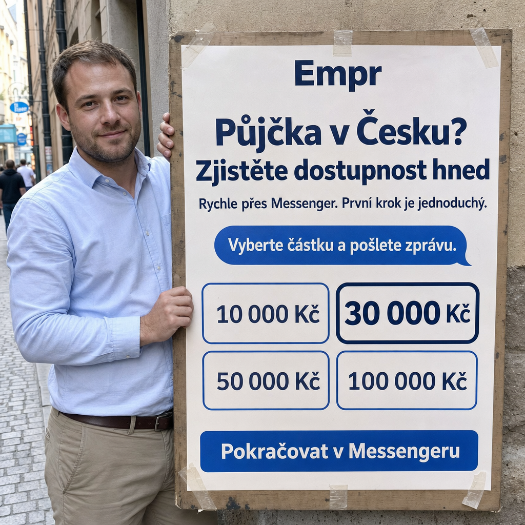 Direct Empréstimo ad creative for Empréstimo. Use this campaign angle: Rychlé zjištění, zda je půjčka dostupná. Keep the offer promise about Campanha focada em conversao para Empréstimo. Stay strictly about Empréstimo; do not turn it into an adjacent app, education topic, generic tool, or broad category-management message unless the offer explicitly says so. Creative direction: Vytvořte kreativu pro Messenger v češtině pro publikum v Česku, které hledá půjčku nyní. Komunikujte rychlý a přehledný proces žádosti přes Messenger, s důrazem na jednoduchý první krok, jasnost a...