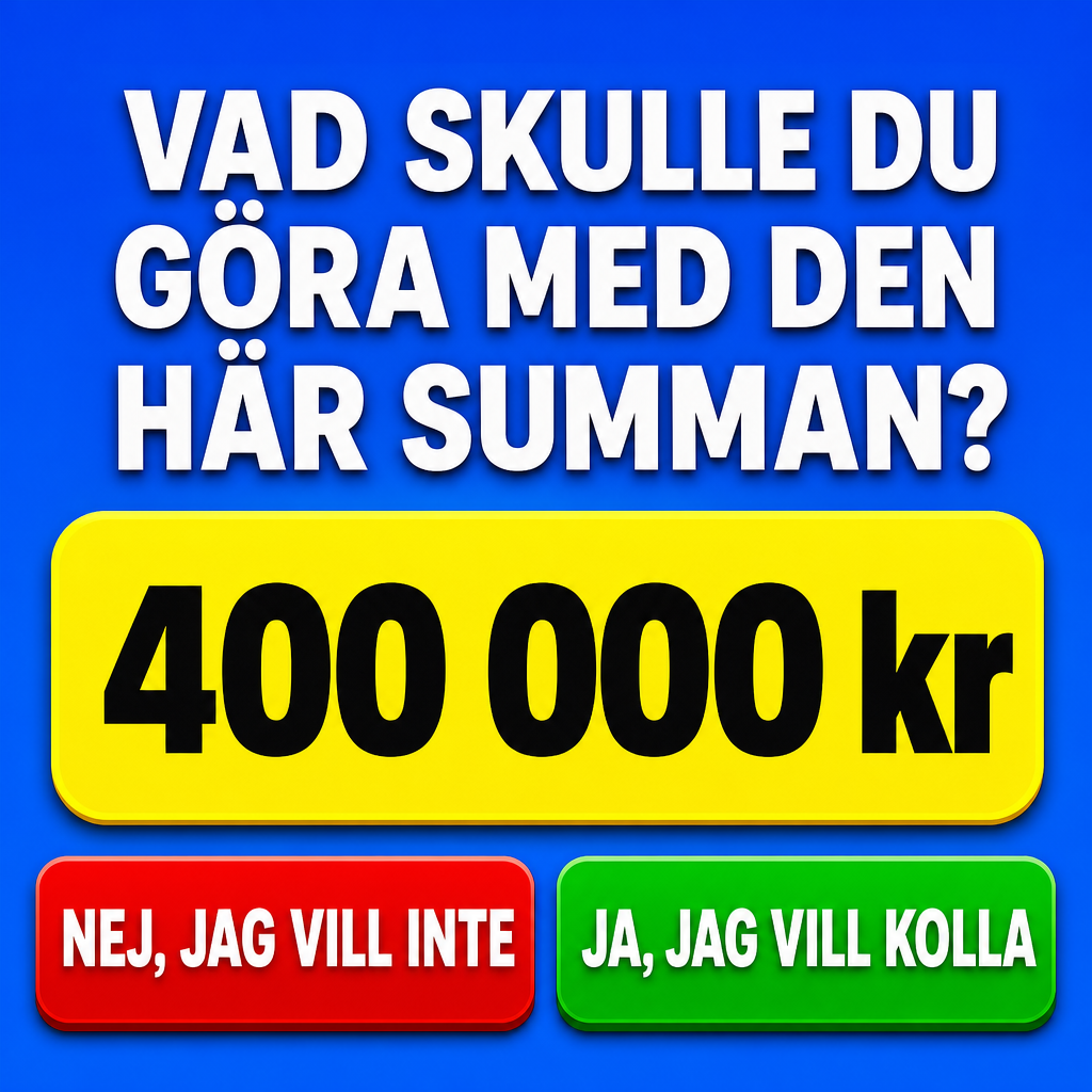 Crie um criativo publicitário quadrado 1:1, estilo gráfico moderno e vibrante, com fundo azul brilhante. No topo, texto grande em branco, negrito, caixa alta, com sombra suave: “VAD SKULLE DU GÖRA MED DEN HÄR SUMMAN?”. No centro, um grande retângulo amarelo com cantos bem arredondados e sombra, contendo o valor “400 000 kr” em preto, muito grande e negrito. Na parte inferior, dois botões grandes: à esquerda vermelho com texto branco “NEJ, JAG VILL INTE”; à direita verde com texto branco “JA, JAG VILL KOLLA”. Design limpo, alto contraste, aparência de anúncio digital, tipografia bold sans-serif, composição centralizada.