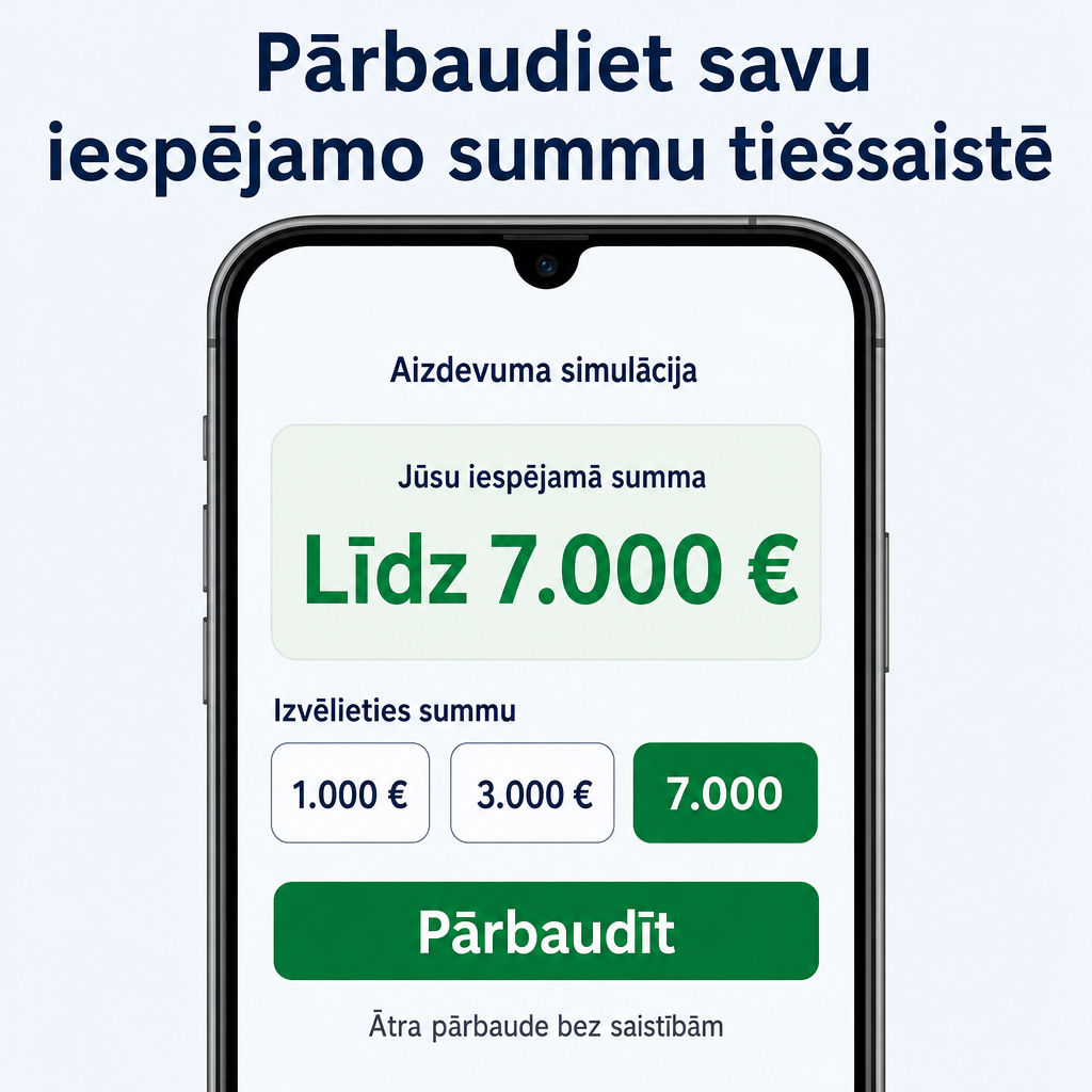 Criar um criativo vertical com aparência de tela de aplicativo financeiro no celular. Fundo claro, celular no centro exibindo uma simulação de crédito. Texto principal em letão: “Pārbaudiet savu iespējamo summu tiešsaistē”. Dentro da tela, mostrar “Līdz 7.000 €”. Botão verde: “Pārbaudīt”. Pequeno texto abaixo: “Ātra pārbaude bez saistībām”. Visual moderno, confiável, limpo e local europeu.