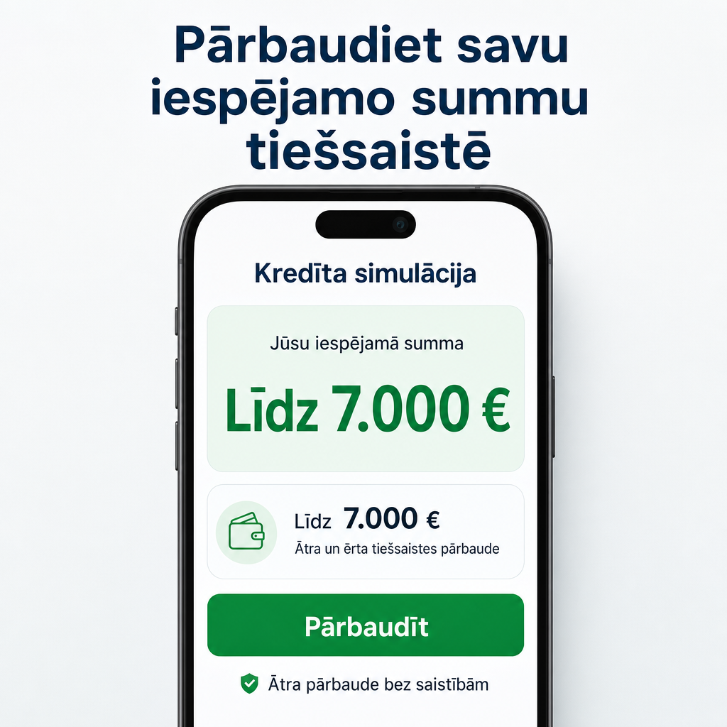 Criar um criativo vertical com aparência de tela de aplicativo financeiro no celular. Fundo claro, celular no centro exibindo uma simulação de crédito. Texto principal em letão: “Pārbaudiet savu iespējamo summu tiešsaistē”. Dentro da tela, mostrar “Līdz 7.000 €”. Botão verde: “Pārbaudīt”. Pequeno texto abaixo: “Ātra pārbaude bez saistībām”. Visual moderno, confiável, limpo e local europeu.