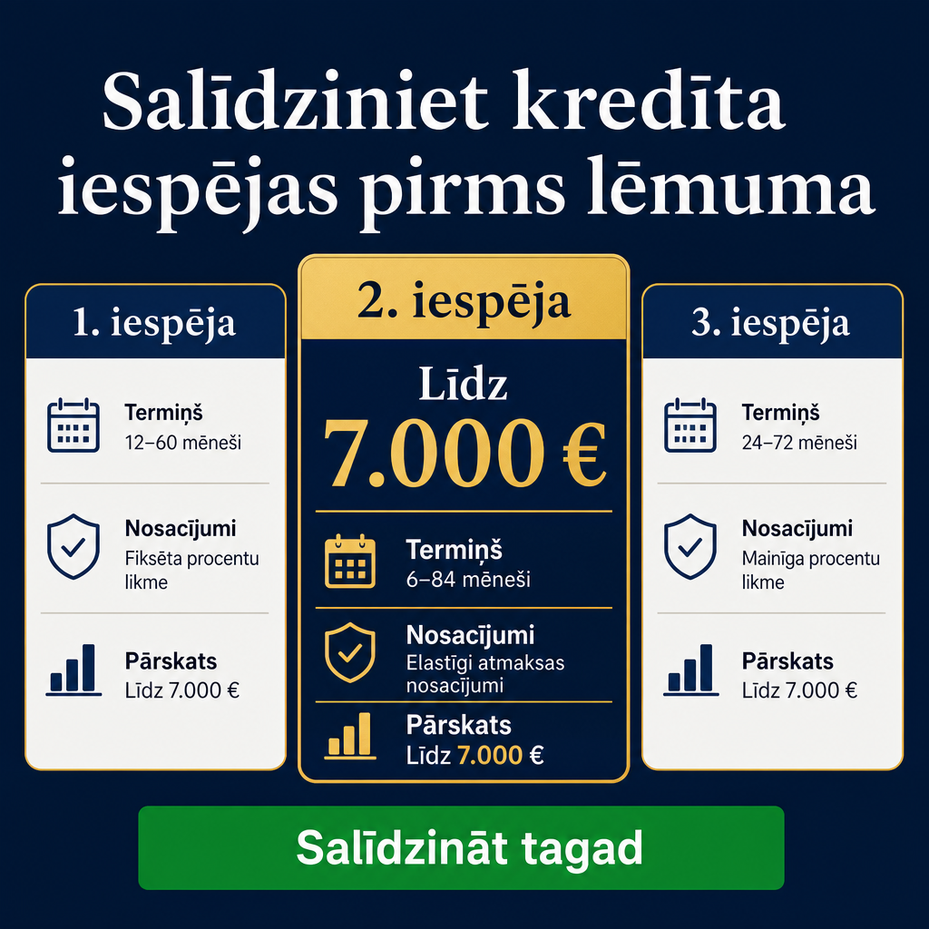 Criar um criativo vertical para crédito pessoal com fundo azul escuro elegante. Exibir três cartões comparativos lado a lado ou empilhados, simulando opções financeiras. Texto principal em letão: “Salīdziniet kredīta iespējas pirms lēmuma”. Destacar no centro: “Līdz 7.000 €”. Botão verde: “Salīdzināt tagad”. Visual premium, organizado e financeiro.