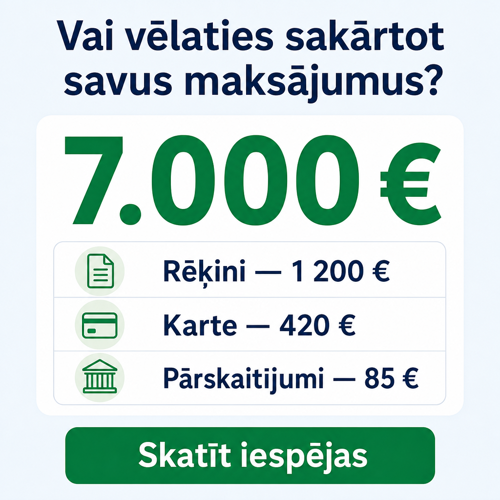 Criar criativo vertical com aparência de checklist financeiro. Fundo claro, lista com ícones de pagamentos. Texto principal em letão: “Vai vēlaties sakārtot savus maksājumus?” No centro, destacar “7.000 €”. Botão verde: “Skatīt iespējas”. Visual limpo, organizado, transmitindo controle financeiro.