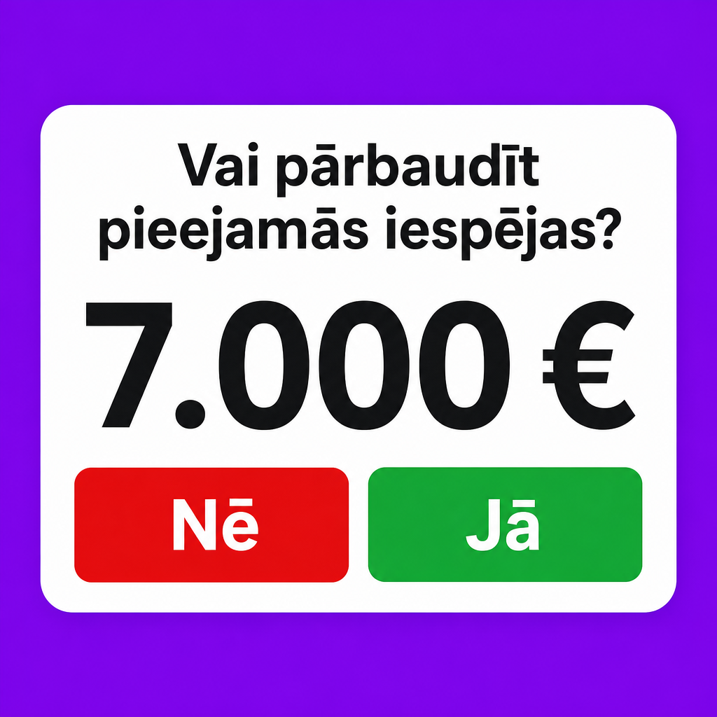 Criar um criativo vertical com fundo roxo vibrante e uma caixa branca central estilo pop-up. Texto no topo da caixa em letão: “Vai pārbaudīt pieejamās iespējas?” No centro, valor grande: “7.000 €”. Dois botões grandes na parte inferior: “Nē” em vermelho e “Jā” em verde. Visual de decisão rápida, parecido com pop-up interativo.