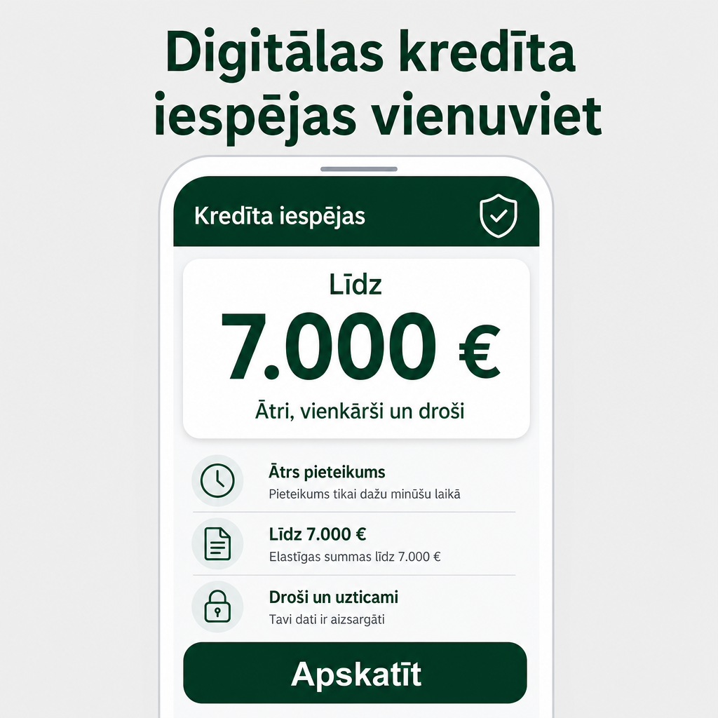Criar criativo vertical moderno com fundo cinza claro, detalhes em verde escuro e branco. Mostrar interface minimalista de banco digital. Texto principal em letão: “Digitālas kredīta iespējas vienuviet”. Valor em destaque: “Līdz 7.000 €”. Botão: “Apskatīt”. Aparência premium, segura e bancária.
