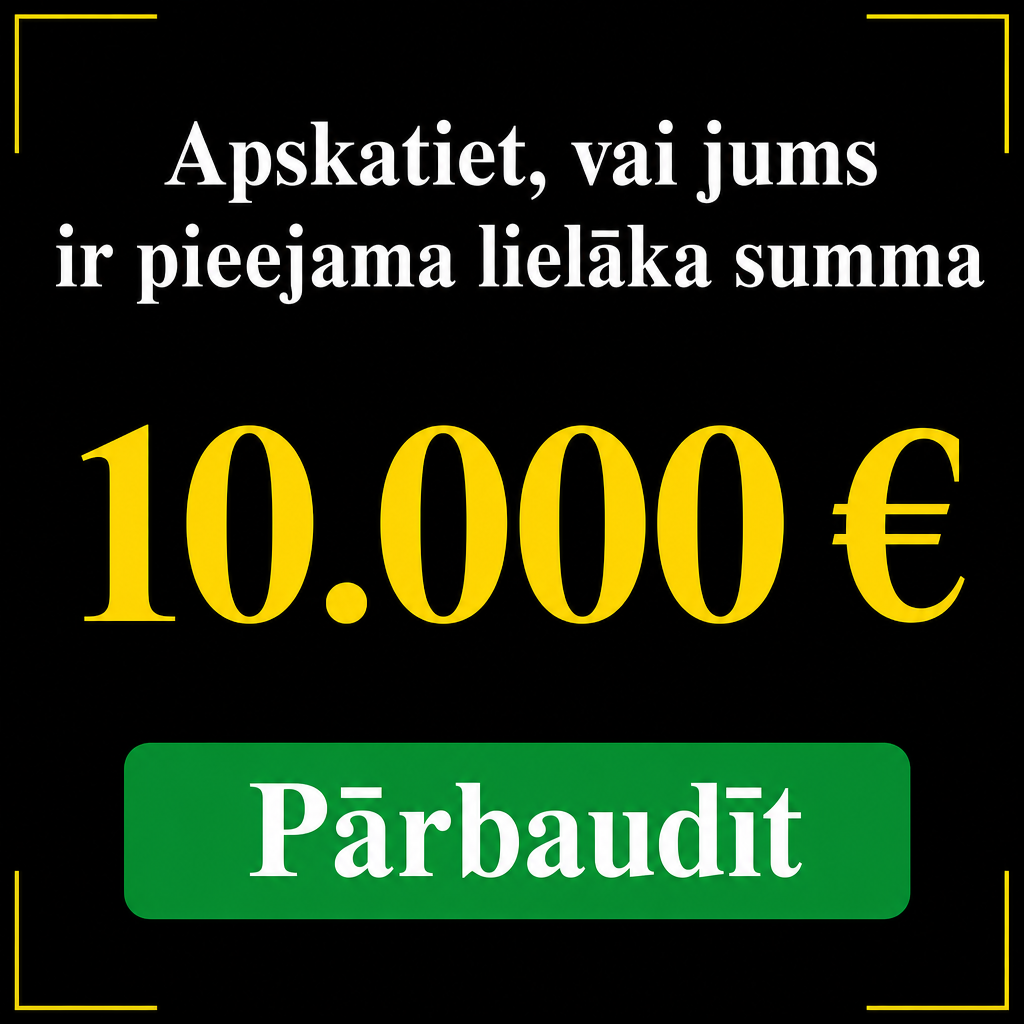 Criar criativo vertical com fundo preto fosco e detalhes amarelos. Texto principal em letão: “Apskatiet, vai jums ir pieejama lielāka summa”. No centro, destacar “10.000 €” em amarelo forte. Botão verde: “Pārbaudīt”. Visual premium, forte e de alto contraste.