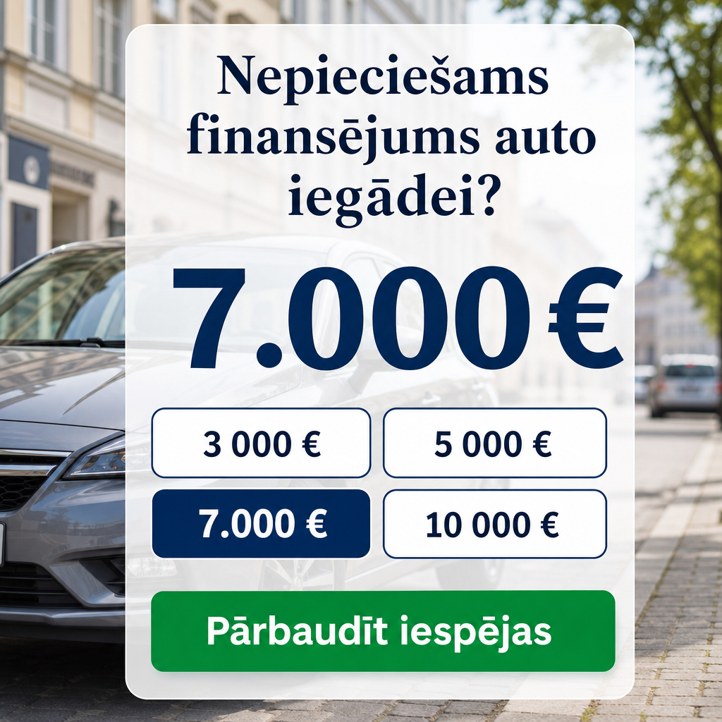 Criar criativo vertical com fundo de carro moderno desfocado em rua europeia. Texto principal em letão: “Nepieciešams finansējums auto iegādei?” No centro, destacar “7.000 €”. Botão verde: “Pārbaudīt iespējas”. Visual limpo, financeiro, sem luxo exagerado.