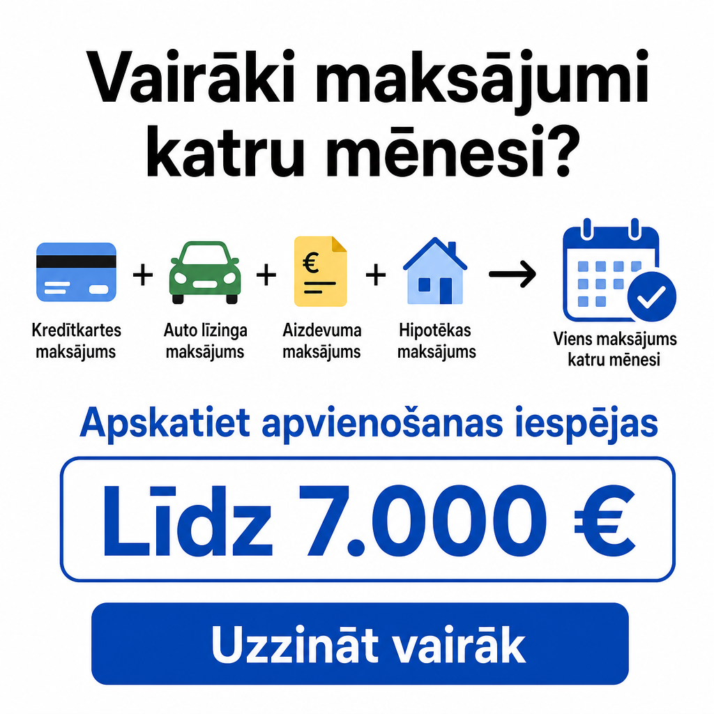 Criar criativo vertical com fundo branco e ícones de várias contas sendo reunidas em uma única linha. Texto principal em letão: “Vairāki maksājumi katru mēnesi?” Em destaque: “Apskatiet apvienošanas iespējas”. Valor: “Līdz 7.000 €”. Botão: “Uzzināt vairāk”. Visual organizado e educativo.