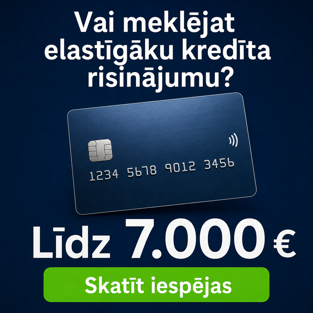 Criar criativo vertical com cartão bancário genérico em destaque, sem marca. Fundo azul escuro premium. Texto principal em letão: “Vai meklējat elastīgāku kredīta risinājumu?” Valor em destaque: “Līdz 7.000 €”. Botão verde: “Skatīt iespējas”. Visual sofisticado de finanças.