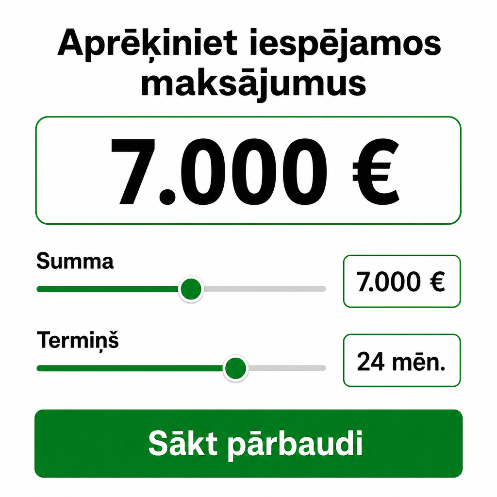 Criar criativo vertical com aparência de calculadora financeira. Fundo branco, números grandes, sliders e campos de valor. Texto principal em letão: “Aprēķiniet iespējamos maksājumus”. Destacar “7.000 €”. Botão verde: “Sākt pārbaudi”. Visual de ferramenta útil, não agressivo.