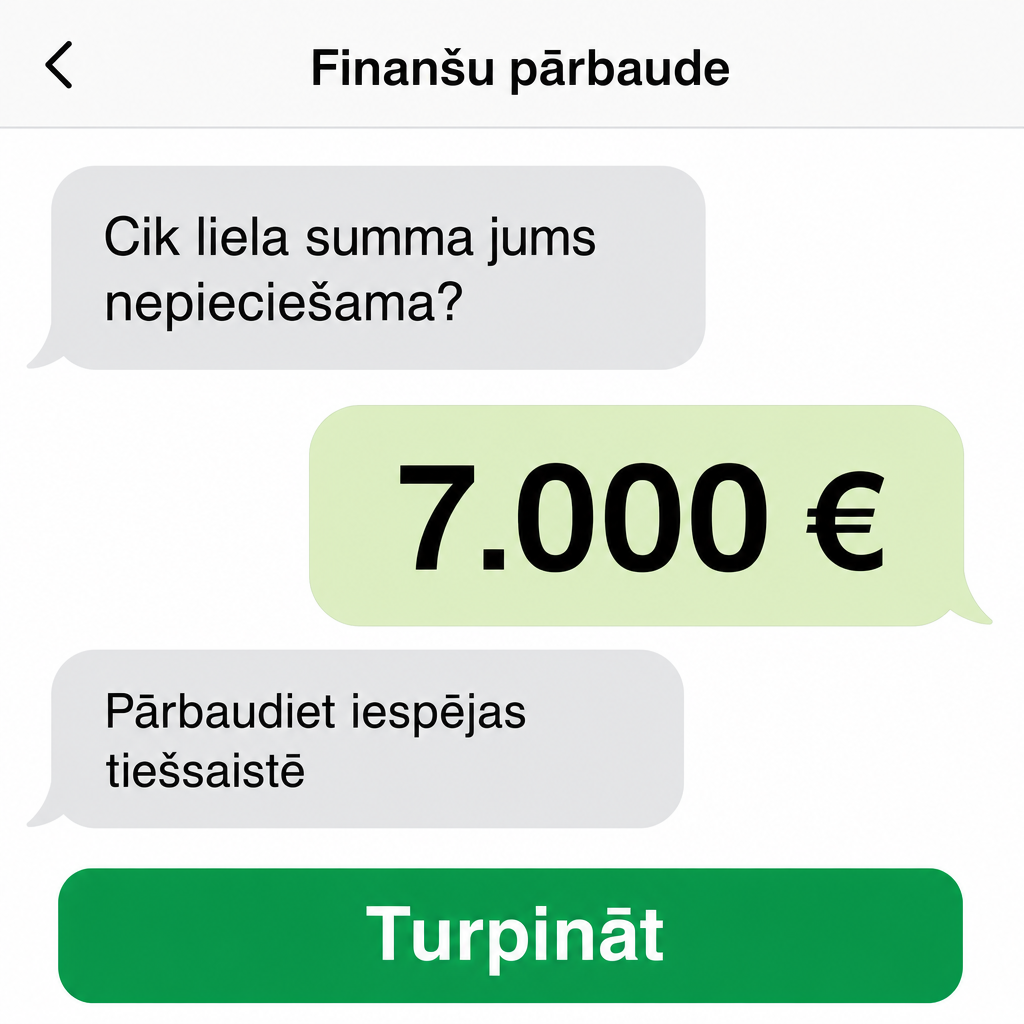 Criar criativo vertical simulando conversa de chat em app financeiro. Fundo claro. Primeira mensagem: “Cik liela summa jums nepieciešama?” Resposta destacada: “7.000 €”. Nova mensagem: “Pārbaudiet iespējas tiešsaistē”. Botão verde: “Turpināt”. Visual parecido com Messenger/WhatsApp, moderno e clicável.