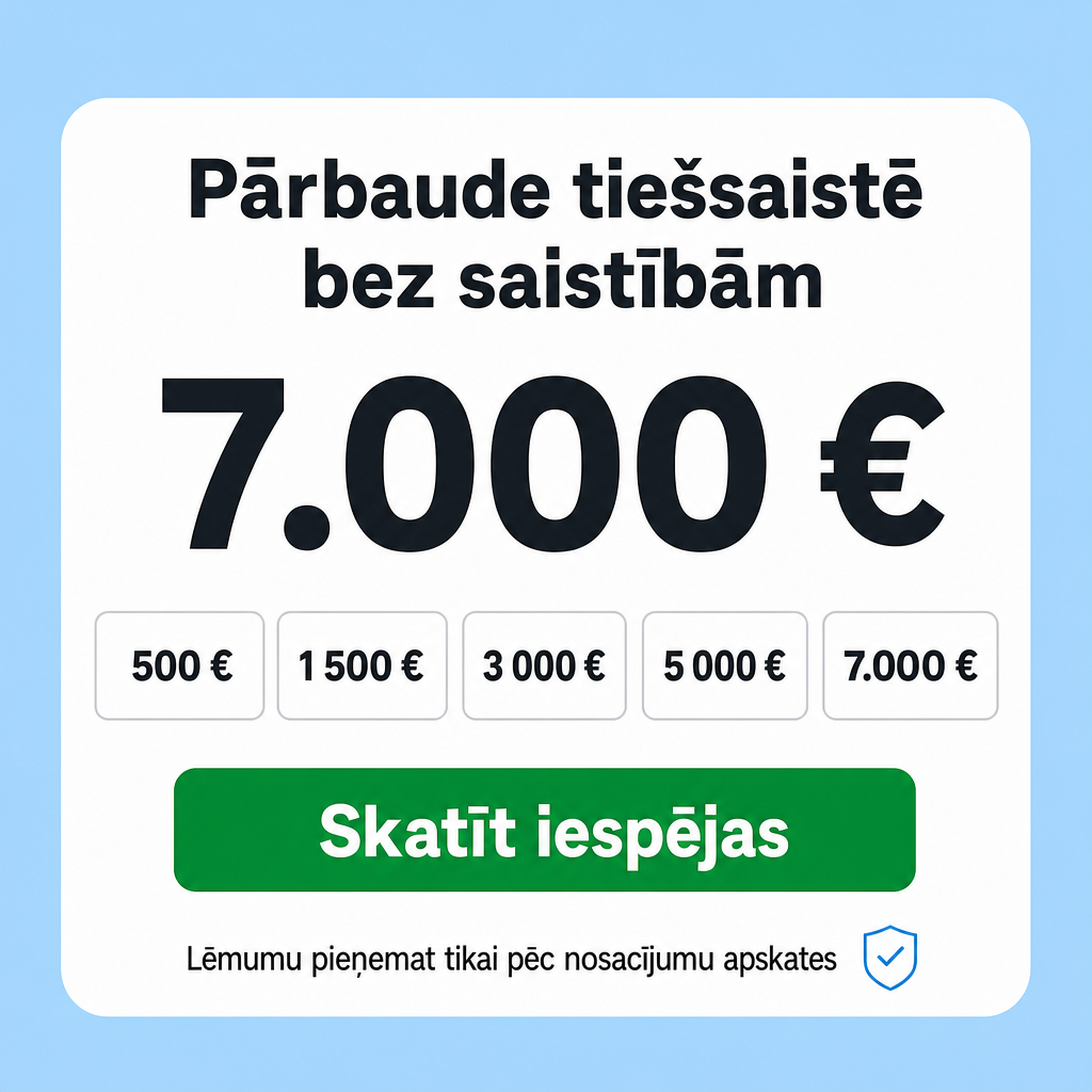 Criar criativo vertical com fundo azul claro e caixa branca central. Texto principal em letão: “Pārbaude tiešsaistē bez saistībām”. Valor grande: “7.000 €”. Botão verde: “Skatīt iespējas”. Pequeno texto: “Lēmumu pieņemat tikai pēc nosacījumu apskates”. Visual seguro e transparente.