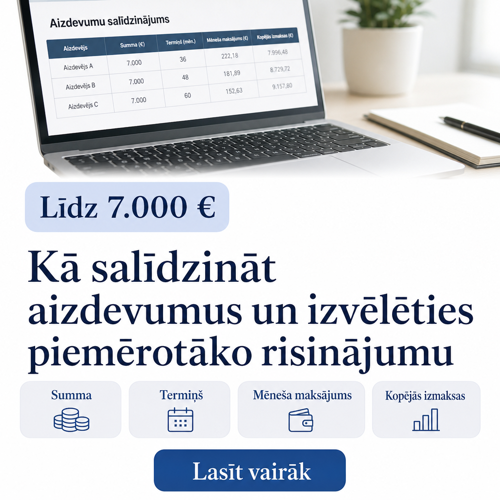 Criar criativo vertical com aparência de capa de artigo de blog financeiro. Fundo branco, foto discreta de notebook com planilha financeira desfocada. Título em letão: “Kā salīdzināt aizdevumus un izvēlēties piemērotāko risinājumu”. Selo visual: “Līdz 7.000 €”. Botão: “Lasīt vairāk”. Visual editorial e confiável.