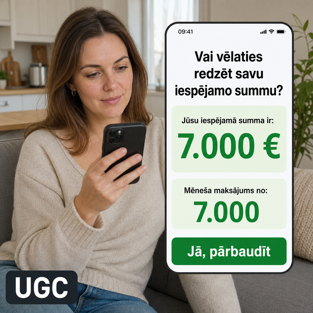 Criar criativo vertical realista com uma mulher letã adulta olhando para o celular em casa, expressão curiosa e tranquila. Na tela/overlay, texto em letão: “Vai vēlaties redzēt savu iespējamo summu?” Valor em destaque: “7.000 €”. Botão verde: “Jā, pārbaudīt”. Visual humano, natural, sem exagero, estilo UGC financeiro.