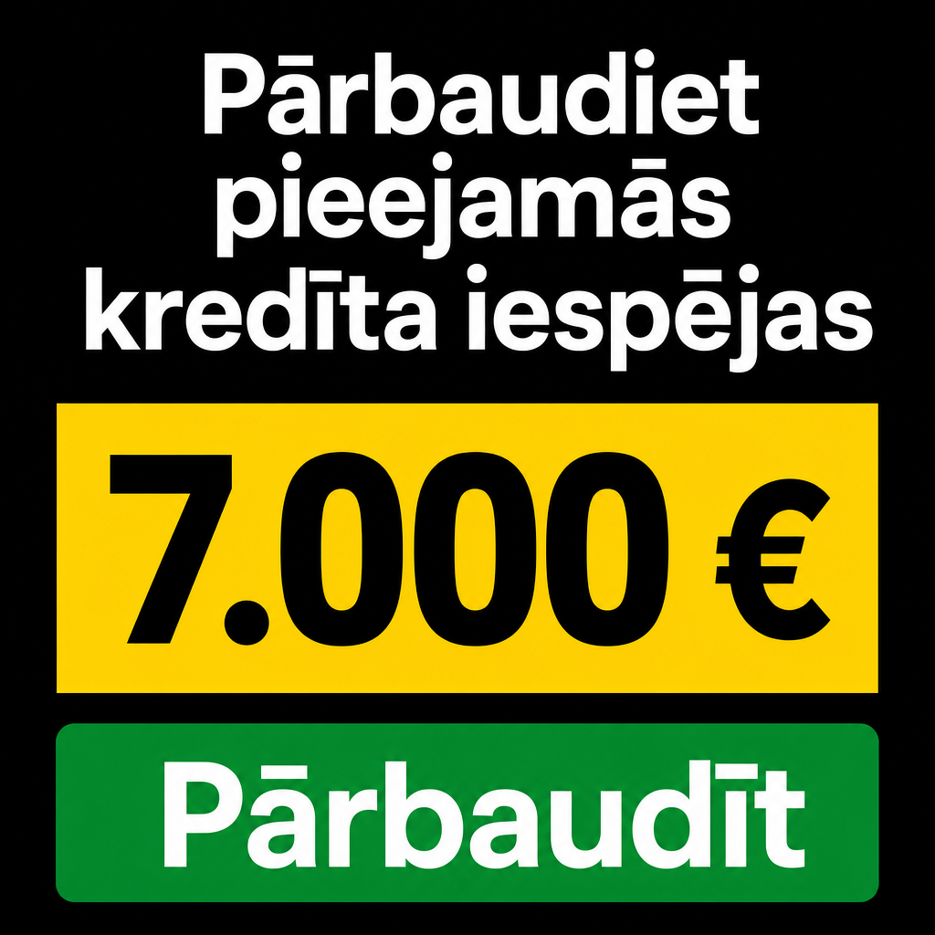 Criar criativo vertical minimalista com fundo preto fosco. No topo, texto branco grande em letão: “Pārbaudiet pieejamās kredīta iespējas”. No centro, retângulo amarelo com “7.000 €” em preto. Abaixo, botão verde grande: “Pārbaudīt”. Sem fotos, sem ícones, sem excesso de elementos. Visual limpo, forte e de leitura imediata.