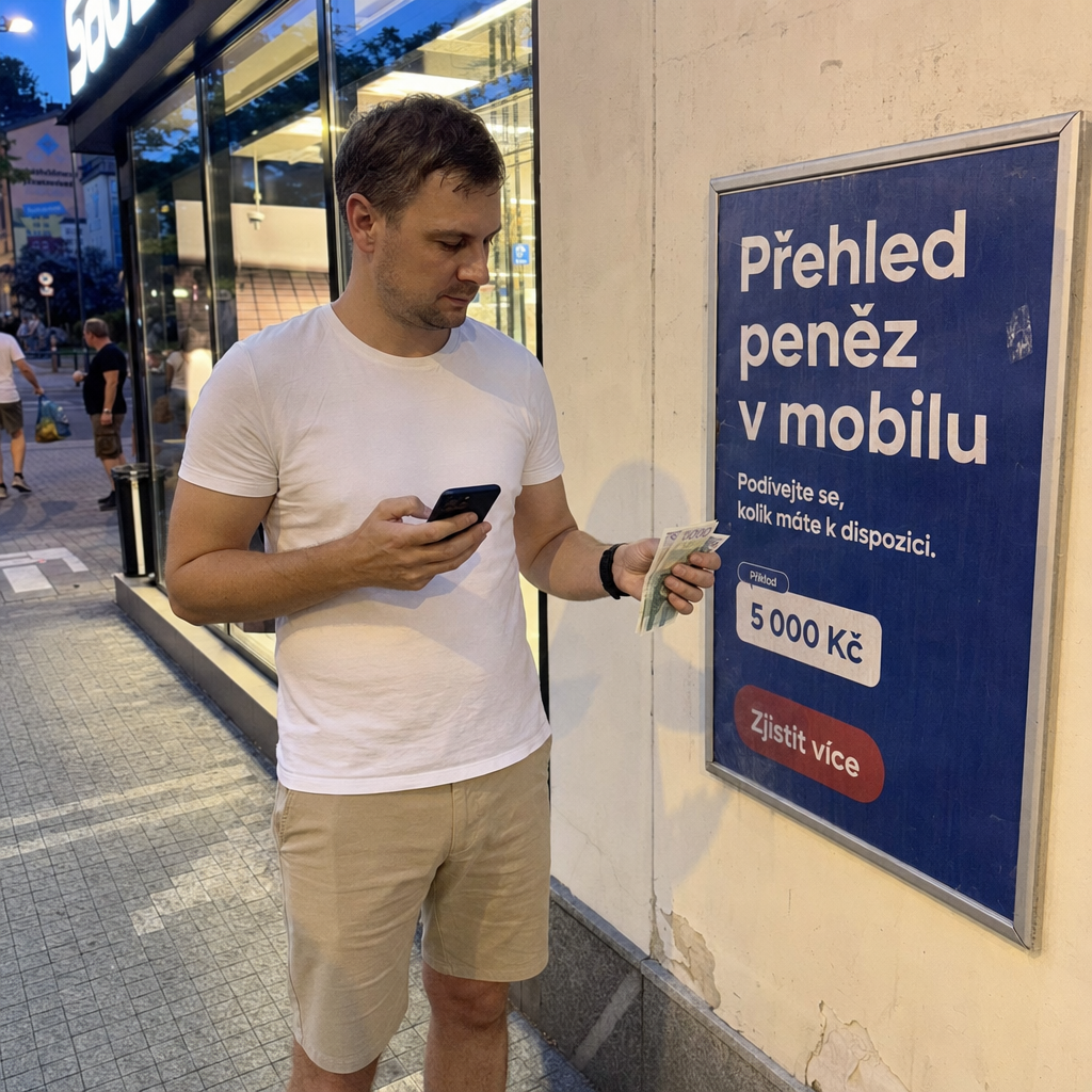 Osoba drží mobil a peníze
