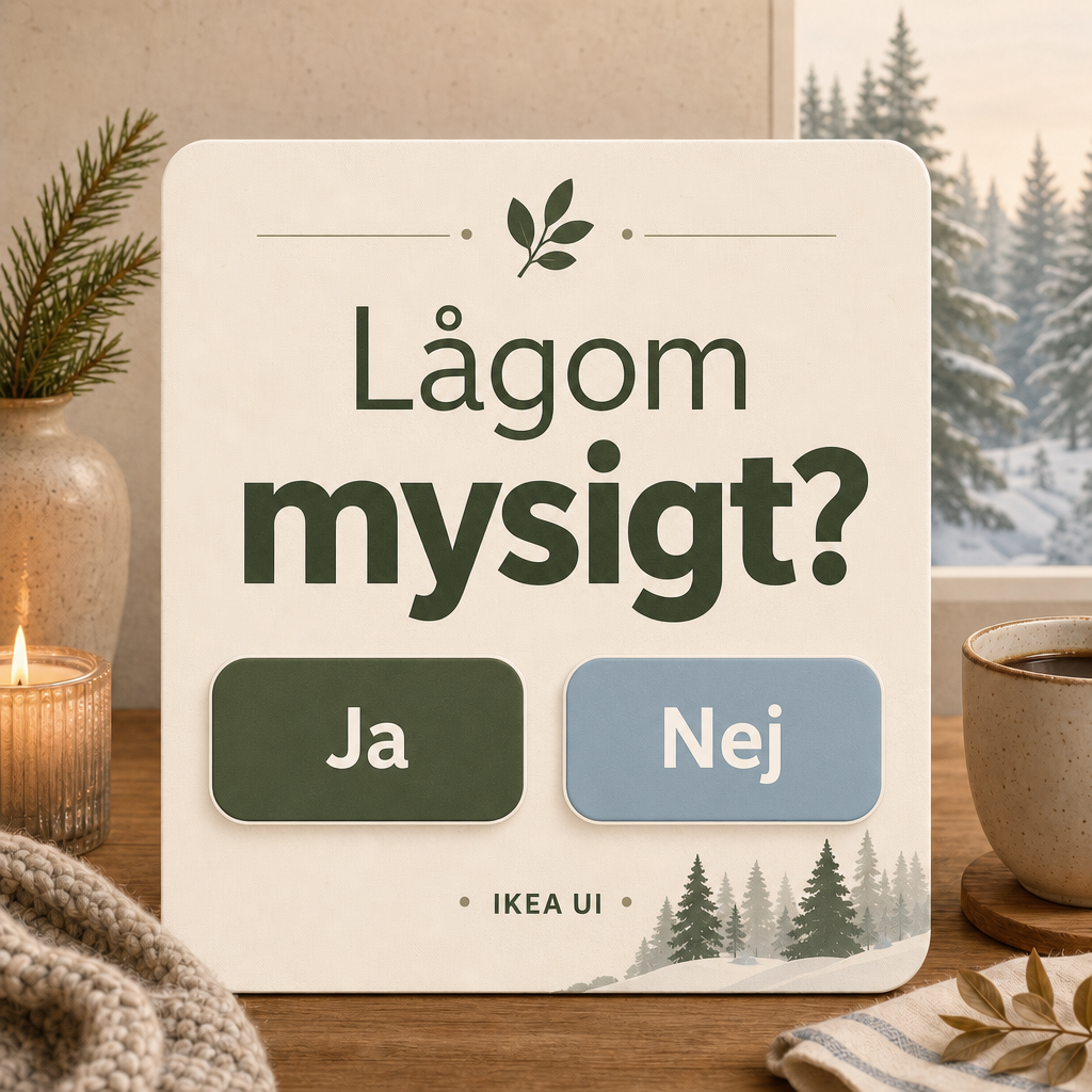Create a Swedish-themed creative design inspired by the core values and aesthetic culture of Sweden: simplicity, balance, sustainability, warmth, equality, nature, coziness (“lagom” and “mys”), and modern Scandinavian elegance. The design should feel welcoming, calm, and emotionally comforting, using soft natural colors, subtle Nordic textures, clean typography, and gentle visual harmony.  The layout should be basic and easy to understand, but not overly minimalistic — add enough decorative details to make it feel cozy, stylish, and visually interesting without becoming cluttered. Include subtle Scandinavian-inspired elements such as soft lighting, forests, snow, wooden textures, fika vibes, candles, or Nordic patterns.  The entire interface text must be written in Swedish only.  Include:  A short Swedish phrase or question in the center Two interactive-style buttons: “Ja” “Nej” Rounded buttons with a modern Scandinavian UI style A clean but charming composition Soft shadows and elegant spacing A warm and aesthetically pleasing atmosphere  Style references: Scandinavian design, Swedish lifestyle aesthetics, IKEA-style simplicity mixed with cozy Nordic charm, modern UI design, soft natural ambiance, balanced composition, subtle details, elegant but approachable.