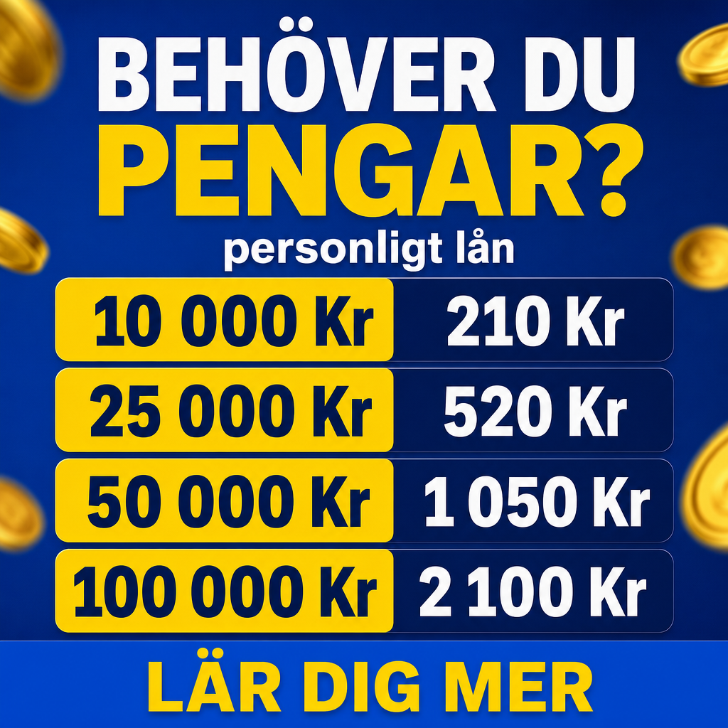 Crie um criativo estático quadrado 1080x1080 para campanha de empréstimo pessoal na Suécia. Estilo visual moderno, limpo, muito legível no celular. Fundo azul forte com algumas moedas douradas desfocadas nas bordas. No topo, colocar em sueco a headline grande: “BEHÖVER DU PENGAR?” em branco, com a palavra “PENGAR?” em amarelo. Abaixo, subtítulo menor: “personligt lån”. No centro, criar quatro faixas horizontais arredondadas, com bloco amarelo à esquerda e azul-marinho à direita. Colocar os textos: “10 000 Kr” — “210 Kr”, “25 000 Kr” — “520 Kr”, “50 000 Kr” — “1 050 Kr”, “100 000 Kr” — “2 100 Kr”. No rodapé, uma faixa azul com CTA em amarelo: “LÄR DIG MER”. Visual forte, simples e com cara de anúncio financeiro de alta performance.