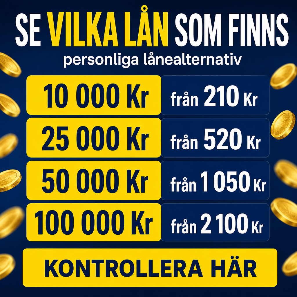 Crie uma imagem quadrada 1080x1080 para anúncio financeiro na Suécia com foco em empréstimo pessoal. Fundo azul escuro moderno com moedas douradas desfocadas flutuando nas laterais. No topo, escrever em sueco: “SE VILKA LÅN SOM FINNS” em branco e amarelo. Logo abaixo: “personliga lånealternativ”. No centro, mostrar quatro blocos grandes amarelos com os valores: “10 000 Kr”, “25 000 Kr”, “50 000 Kr”, “100 000 Kr”. Ao lado de cada um, em blocos azul-marinho, mostrar: “från 210 Kr”, “från 520 Kr”, “från 1 050 Kr”, “från 2 100 Kr”. No rodapé, botão ou faixa com texto: “KONTROLLERA HÄR”. Alta legibilidade, visual limpo e confiável.
