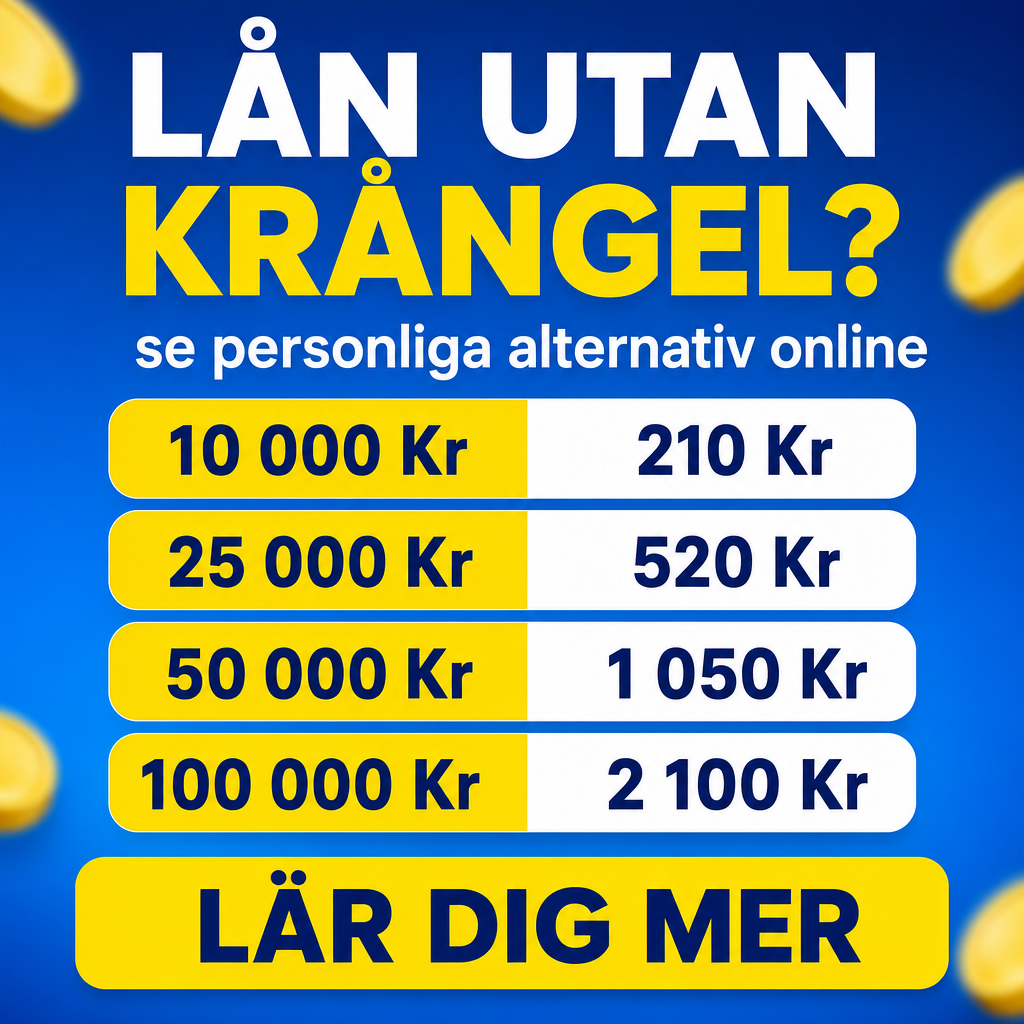 Crie um criativo quadrado 1080x1080 para anúncio de crédito pessoal na Suécia. Fundo azul com leve gradiente e algumas moedas amarelas desfocadas nas extremidades. No topo, escrever: “LÅN UTAN KRÅNGEL?” em branco, com “KRÅNGEL?” em amarelo. Abaixo: “se personliga alternativ online”. No centro, quatro faixas horizontais arredondadas, com os valores “10 000 Kr”, “25 000 Kr”, “50 000 Kr”, “100 000 Kr” em blocos amarelos. Ao lado de cada faixa, em azul-marinho, mostrar os valores “210 Kr”, “520 Kr”, “1 050 Kr”, “2 100 Kr”. No rodapé, CTA destacado: “LÄR DIG MER”. Visual muito limpo, forte contraste e leitura excelente em dispositivos móveis.