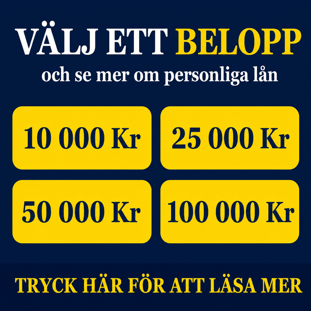 Crie uma imagem 1080x1080 para anúncio de crédito pessoal na Suécia. Fundo azul escuro com design limpo e moderno. No topo, headline em sueco: “VÄLJ ETT BELOPP” em branco e amarelo. Abaixo: “och se mer om personliga lån”. No centro, exibir quatro grandes botões amarelos em formato de quiz com os textos: “10 000 Kr”, “25 000 Kr”, “50 000 Kr”, “100 000 Kr”. No rodapé, uma faixa azul-marinho com CTA em amarelo: “TRYCK HÄR FÖR ATT LÄSA MER”. Criativo pensado para gerar sensação de clique e participação.