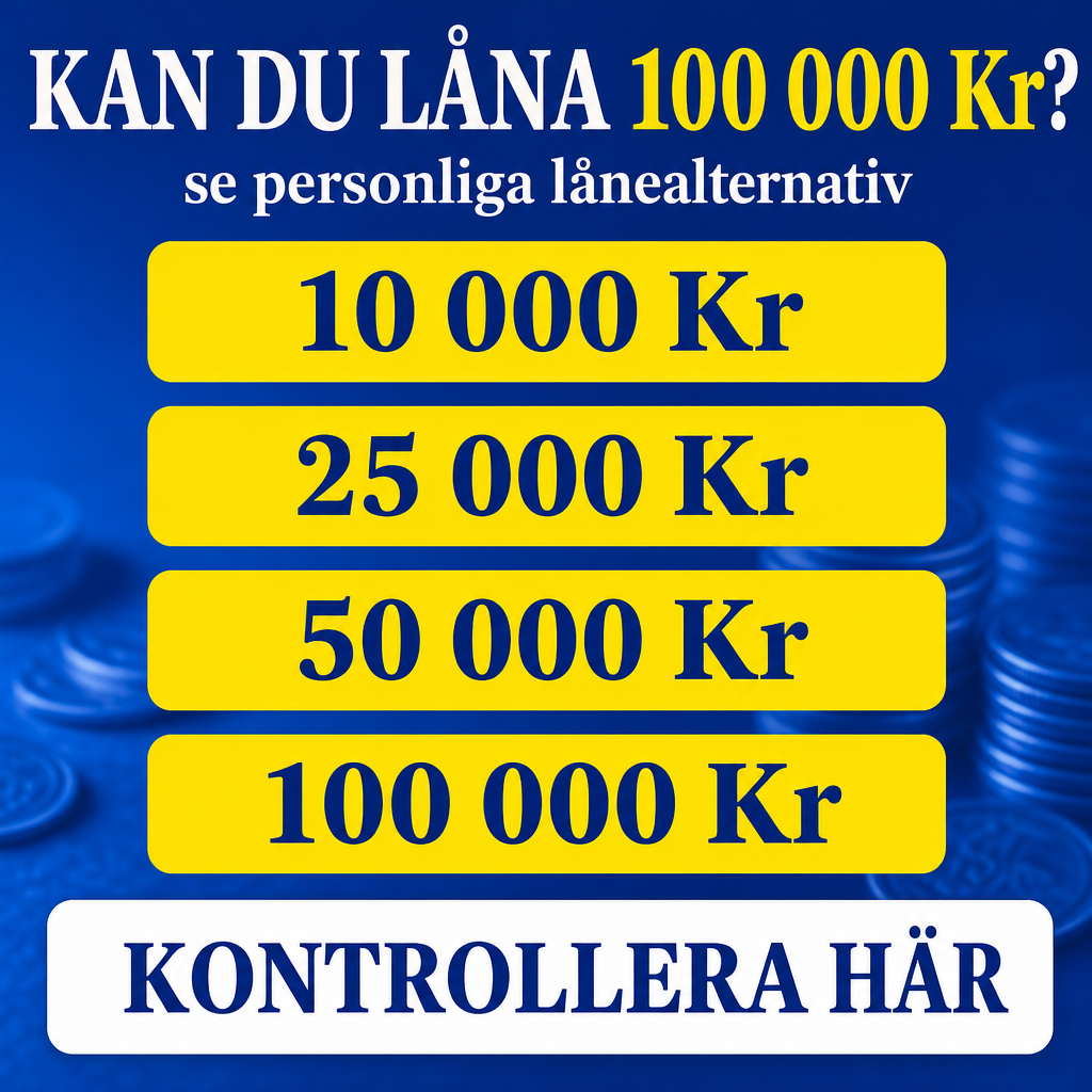 Crie um criativo quadrado 1080x1080 para campanha na Suécia, nicho financeiro. Fundo azul forte com moedas desfocadas e estética mobile-first. No topo, headline: “KAN DU LÅNA 100 000 Kr?” com “100 000 Kr” em amarelo e o restante em branco. Abaixo, subtítulo menor: “se personliga lånealternativ”. No centro, criar uma lista de botões amarelos com as opções: “10 000 Kr”, “25 000 Kr”, “50 000 Kr”, “100 000 Kr”. Na parte inferior, CTA grande: “KONTROLLERA HÄR”. Estilo visual limpo, muito chamativo e pensado para feed do Facebook/Instagram.