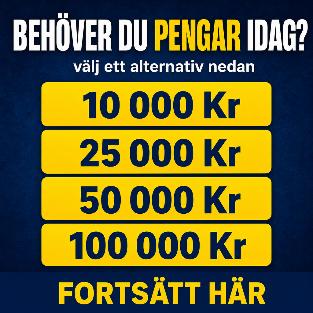 Crie um criativo estático 1080x1080 para anúncio de empréstimo pessoal na Suécia. Fundo azul escuro com leve textura. No topo, em sueco, headline: “BEHÖVER DU PENGAR IDAG?” com “PENGAR” em amarelo. Abaixo, subtítulo: “välj ett alternativ nedan”. No centro, colocar quatro botões amarelos empilhados: “10 000 Kr”, “25 000 Kr”, “50 000 Kr”, “100 000 Kr”. No rodapé, CTA em faixa azul escura: “FORTSÄTT HÄR”. Visual simples, direto, com sensação de resposta rápida e alta legibilidade.