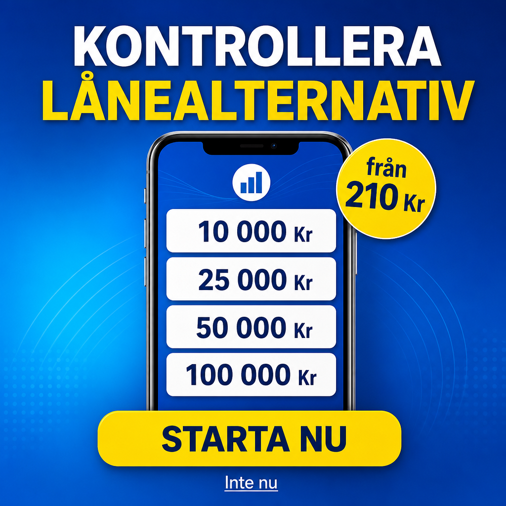 Crie uma imagem quadrada 1080x1080 para público sueco, nicho crédito pessoal. Fundo azul moderno com leve gradiente. No topo, headline: “KONTROLLERA LÅNEALTERNATIV” em branco e amarelo. No centro, mostrar a tela de um app financeiro em um smartphone, com cards arredondados exibindo os valores: “10 000 Kr”, “25 000 Kr”, “50 000 Kr”, “100 000 Kr”. Adicionar um pequeno selo amarelo destacando: “från 210 Kr”. No rodapé, botão grande com CTA: “STARTA NU”. Visual clean, digital e muito persuasivo.