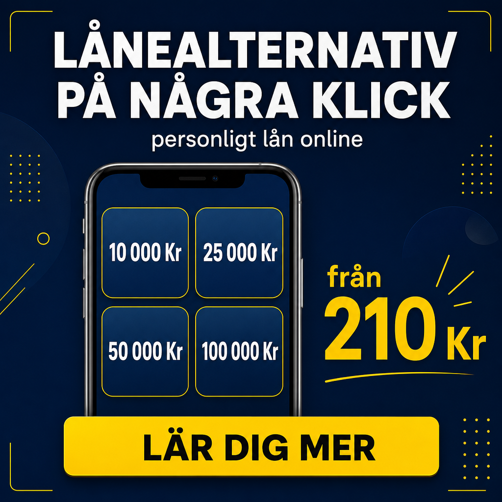 Crie um criativo estático 1080x1080 para campanha de empréstimo pessoal na Suécia. Fundo azul escuro com detalhes amarelos discretos. No topo, headline em sueco: “LÅNEALTERNATIV PÅ NÅGRA KLICK”. Abaixo: “personligt lån online”. No centro, mostrar um smartphone em perspectiva frontal com uma tela exibindo quatro opções: “10 000 Kr”, “25 000 Kr”, “50 000 Kr”, “100 000 Kr”. Ao lado do celular, destacar o texto: “från 210 Kr”. No rodapé, CTA amarelo: “LÄR DIG MER”. Criativo com cara de aplicativo financeiro europeu moderno.