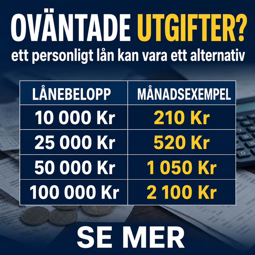Crie um criativo quadrado 1080x1080 para anúncio de empréstimo pessoal na Suécia. Fundo azul escuro elegante, com uma mesa desfocada, contas, recibos e moedas em segundo plano. No topo, headline em sueco: “OVÄNTADE UTGIFTER?” em branco e amarelo. Abaixo, subtítulo: “ett personligt lån kan vara ett alternativ”. No centro, exibir uma tabela com os valores: “10 000 Kr”, “25 000 Kr”, “50 000 Kr”, “100 000 Kr”. Ao lado de cada valor, mostrar: “210 Kr”, “520 Kr”, “1 050 Kr”, “2 100 Kr”. No rodapé, CTA: “SE MER”. Visual sério, confiável e conectado à dor real do usuário.