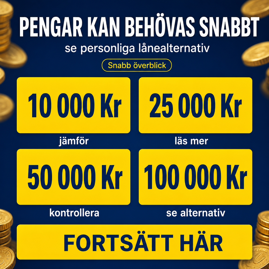 Crie um criativo quadrado 1080x1080 para nicho de crédito pessoal na Suécia. Fundo azul escuro com moedas douradas desfocadas. No topo, headline forte em sueco: “PENGAR KAN BEHÖVAS SNABBT”. Abaixo, subtítulo: “se personliga lånealternativ”. No centro, quatro cards amarelos com os valores: “10 000 Kr”, “25 000 Kr”, “50 000 Kr”, “100 000 Kr”. Abaixo de cada card, pequenas chamadas como: “jämför”, “läs mer”, “kontrollera”, “se alternativ”. No rodapé, CTA: “FORTSÄTT HÄR”. Visual persuasivo, rápido, mas ainda seguro para o nicho financeiro.