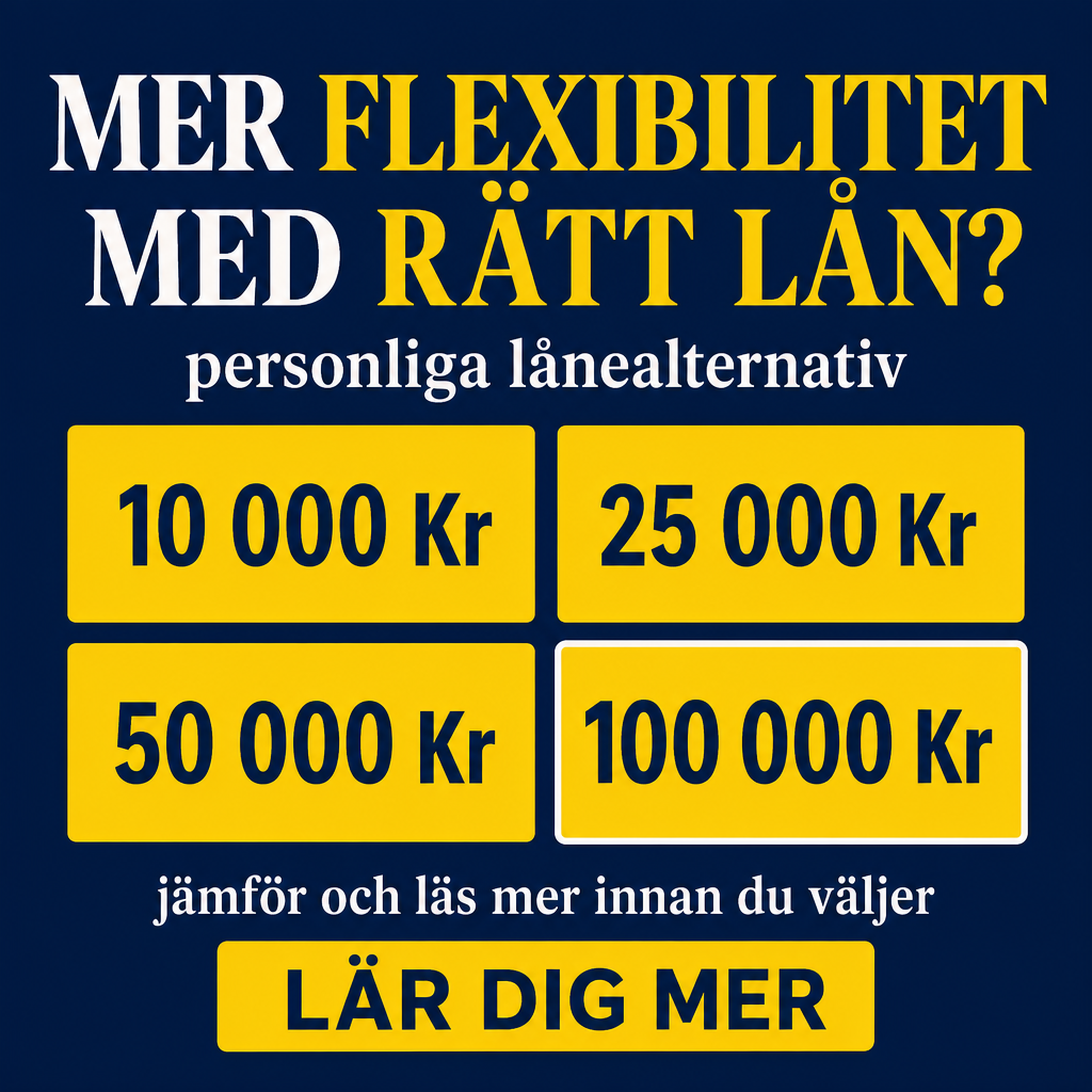 Crie uma imagem 1080x1080 para campanha de crédito pessoal na Suécia. Fundo azul escuro com design limpo. No topo, headline em sueco: “MER FLEXIBILITET MED RÄTT LÅN?” em branco e amarelo. Abaixo, subtítulo: “personliga lånealternativ”. No centro, quatro blocos amarelos exibindo: “10 000 Kr”, “25 000 Kr”, “50 000 Kr”, “100 000 Kr”. Logo abaixo, texto menor: “jämför och läs mer innan du väljer”. No rodapé, CTA: “LÄR DIG MER”. Aparência confiável, elegante e fácil de consumir no feed.