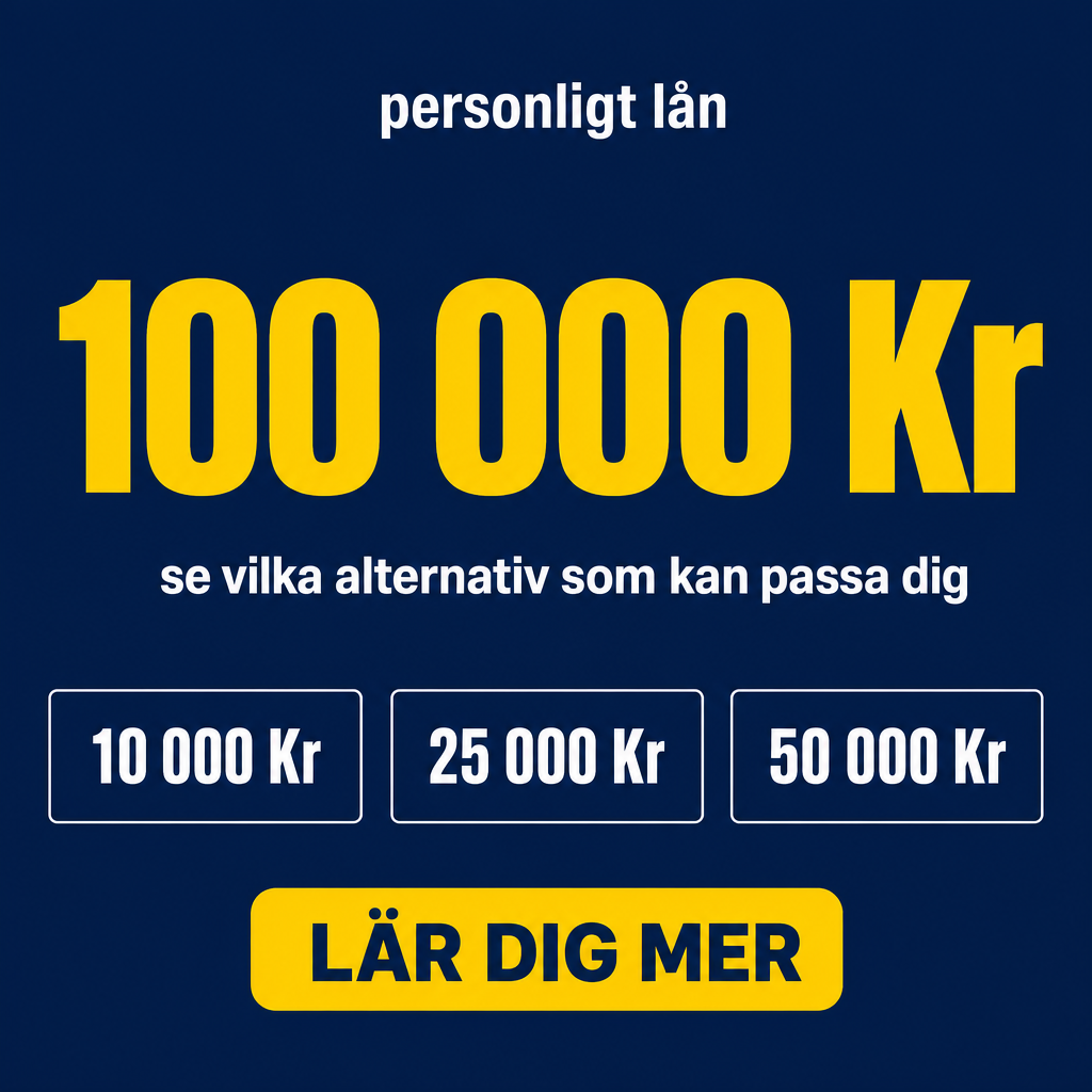 Crie um criativo estático quadrado 1080x1080 para anúncio de empréstimo pessoal na Suécia com estética premium minimalista. Fundo azul-marinho sólido, muito elegante, sem excesso de elementos. No topo, texto pequeno: “personligt lån”. No centro, texto enorme em amarelo: “100 000 Kr”. Abaixo, em branco, escrever: “se vilka alternativ som kan passa dig”. Na parte inferior, mostrar três pequenos blocos discretos com: “10 000 Kr”, “25 000 Kr”, “50 000 Kr”. No rodapé, botão amarelo com CTA: “LÄR DIG MER”. Sem fotos, sem poluição visual, aparência de marca financeira europeia moderna.