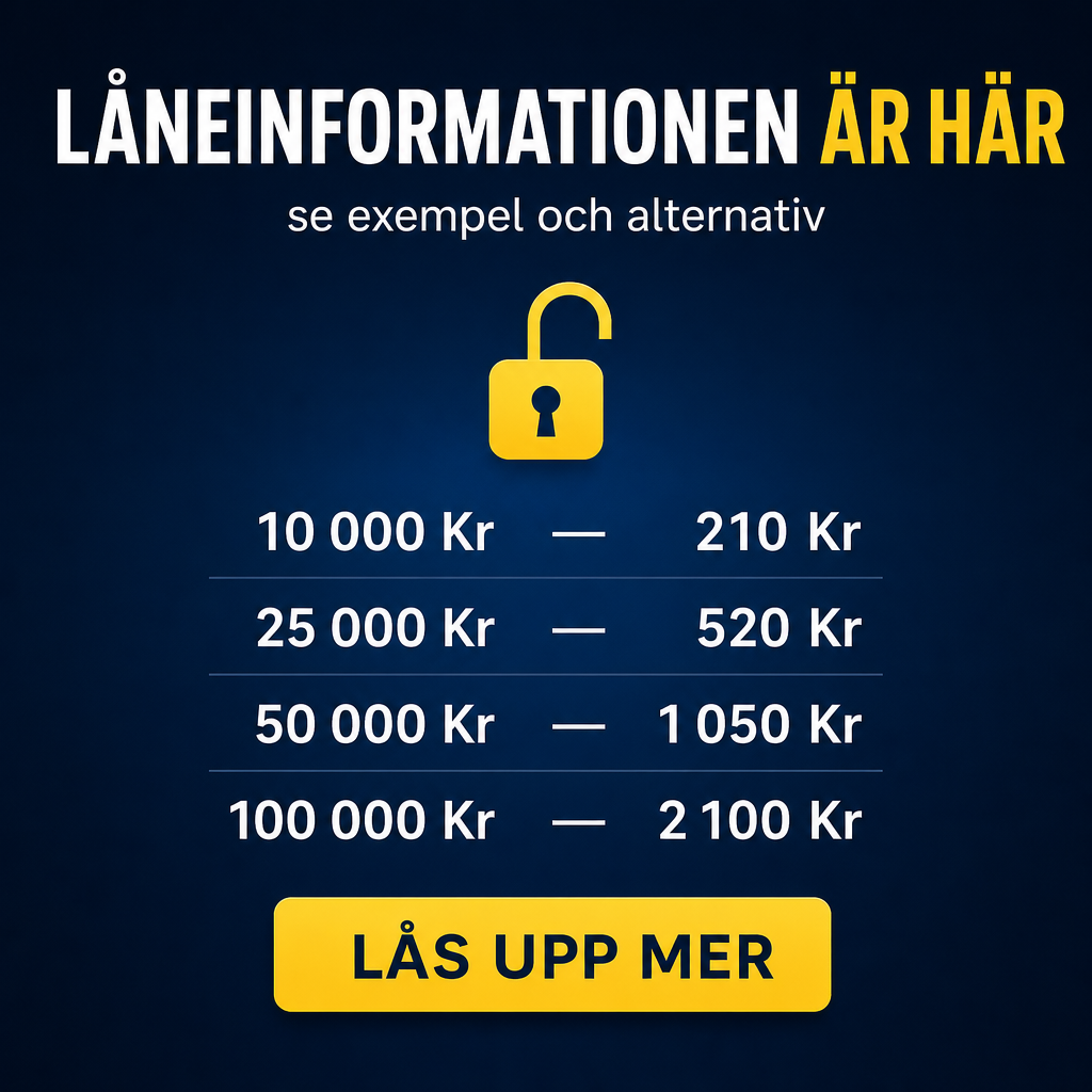 Crie um criativo quadrado 1080x1080 para anúncio de crédito pessoal na Suécia com visual moderno, premium e minimalista. Fundo azul escuro com um brilho sutil central e pouquíssimos elementos. No topo, headline em sueco: “LÅNEINFORMATIONEN ÄR HÄR” em branco e amarelo. Abaixo, subtítulo: “se exempel och alternativ”. No centro, colocar um pequeno ícone de cadeado aberto em amarelo e, logo abaixo, uma tabela muito limpa com: “10 000 Kr — 210 Kr”, “25 000 Kr — 520 Kr”, “50 000 Kr — 1 050 Kr”, “100 000 Kr — 2 100 Kr”. No rodapé, CTA: “LÅS UPP MER”. Criativo clean, sofisticado e com forte sensação de curiosidade.