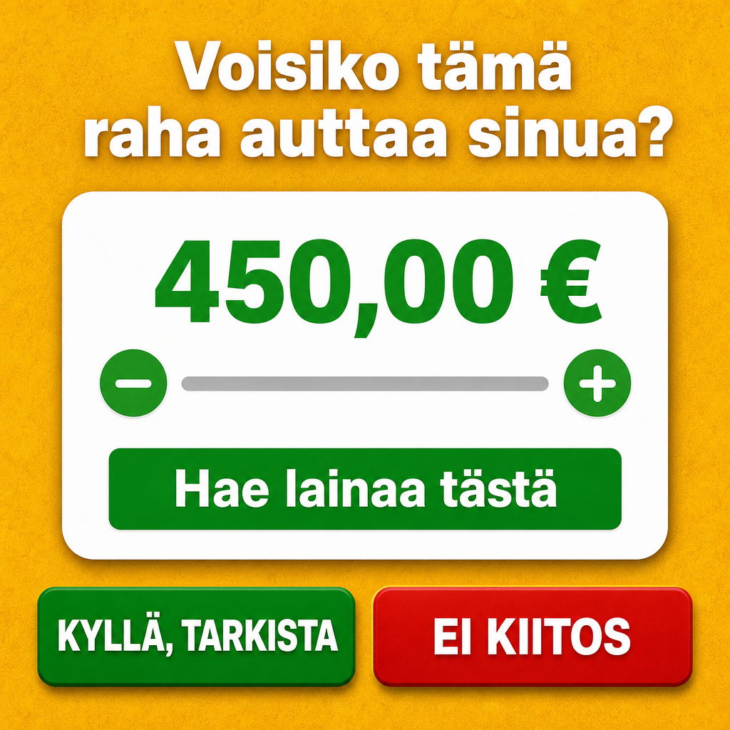 Crie uma arte publicitária quadrada para redes sociais, em finlandês, com fundo amarelo/laranja texturizado. No topo, centralize o texto “Voisiko tämä raha auttaa sinua?” em branco, negrito, com tipografia sans-serif. No centro, adicione um cartão branco com cantos arredondados e sombra suave. Dentro do cartão, coloque o valor “450,00 €” em verde, centralizado e em negrito. Abaixo do valor, crie uma barra horizontal cinza de controle deslizante, com um círculo verde à esquerda contendo o símbolo “−” em branco e outro círculo verde à direita contendo o símbolo “+” em branco. Mais abaixo, coloque um botão retangular verde com o texto “Hae lainaa tästä” em branco. Na parte inferior da imagem, adicione dois botões grandes com cantos arredondados: o da esquerda verde com o texto “KYLLÄ, TARKISTA” em branco, e o da direita vermelho com o texto “EI KIITOS” em branco. Use layout simples, centralizado, alto contraste, estilo anúncio financeiro digital, limpo e chamativo.