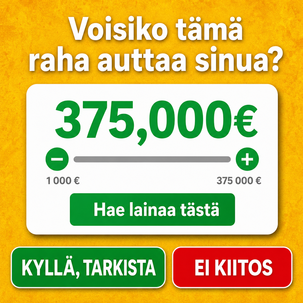 Crie uma arte publicitária quadrada para redes sociais, em finlandês, com fundo amarelo/laranja texturizado. No topo, centralize o texto “Voisiko tämä raha auttaa sinua?” em branco, negrito, com tipografia sans-serif. No centro, adicione um cartão branco com cantos arredondados e sombra suave. Dentro do cartão, coloque o valor “375,000€” em verde, centralizado e em negrito. Abaixo do valor, crie uma barra horizontal cinza de controle deslizante, com um círculo verde à esquerda contendo o símbolo “−” em branco e outro círculo verde à direita contendo o símbolo “+” em branco. Mais abaixo, coloque um botão retangular verde com o texto “Hae lainaa tästä” em branco. Na parte inferior da imagem, adicione dois botões grandes com cantos arredondados: o da esquerda verde com o texto “KYLLÄ, TARKISTA” em branco, e o da direita vermelho com o texto “EI KIITOS” em branco. Use layout simples, centralizado, alto contraste, estilo anúncio financeiro digital, limpo e chamativo.