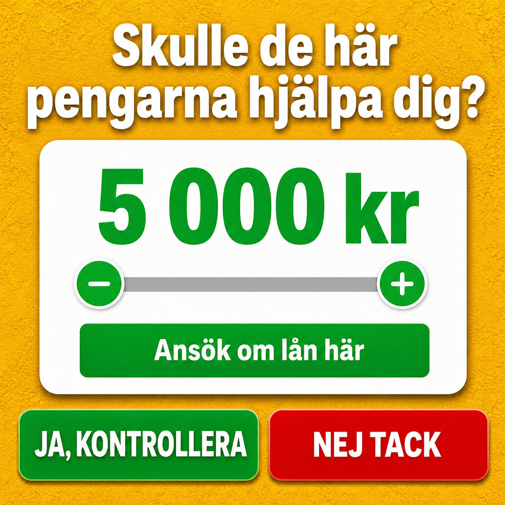 Crie uma arte publicitária quadrada para redes sociais, em sueco, voltada para a Suécia, com fundo amarelo/laranja texturizado. No topo, centralize o texto “Skulle de här pengarna hjälpa dig?” em branco, negrito, com tipografia sans-serif. No centro, adicione um cartão branco com cantos arredondados e sombra suave. Dentro do cartão, coloque o valor “5 000 kr” em verde, centralizado e em negrito. Abaixo do valor, crie uma barra horizontal cinza de controle deslizante, com um círculo verde à esquerda contendo o símbolo “−” em branco e outro círculo verde à direita contendo o símbolo “+” em branco. Mais abaixo, coloque um botão retangular verde com o texto “Ansök om lån här” em branco. Na parte inferior da imagem, adicione dois botões grandes com cantos arredondados: o da esquerda verde com o texto “JA, KONTROLLERA” em branco, e o da direita vermelho com o texto “NEJ TACK” em branco. Use layout simples, centralizado, alto contraste, estilo anúncio financeiro digital, limpo e chamativo.