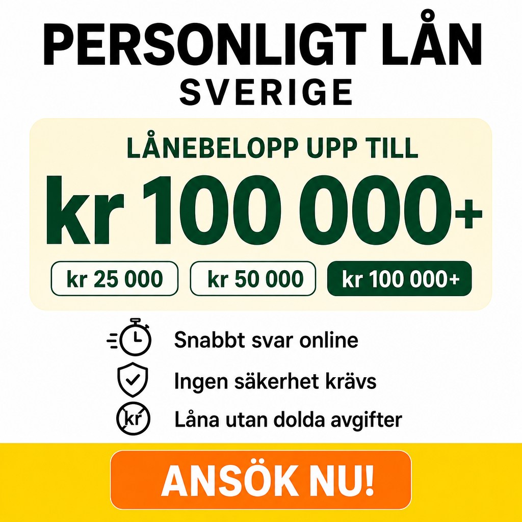 Crie um criativo publicitário minimalista e moderno no formato quadrado (1:1), inspirado em anúncios financeiros escandinavos. Fundo branco limpo com tipografia grande, forte e em negrito. No topo, escrever “PERSONLIGT LÅN” em preto e abaixo “SVERIGE” centralizado.  No centro, adicionar um grande bloco arredondado em tom creme/amarelo-claro com destaque verde-escuro contendo o texto: “LÅNEBELOPP UPP TILL” e abaixo, em tamanho gigante: “kr 100 000+”  Abaixo do bloco principal, inserir três benefícios alinhados verticalmente com ícones pretos minimalistas ao lado: • “Snabbt svar online” • “Ingen säkerhet krävs” • “Låna utan dolda avgifter”  Na parte inferior, criar uma faixa amarela vibrante ocupando toda a largura com um botão arredondado laranja no centro contendo o texto branco em negrito: “ANSÖK NU!”  Estilo clean, high-conversion, design sueco moderno, visual corporativo elegante, sombras suaves, contraste forte, aparência profissional semelhante a anúncios de fintech europeia.
