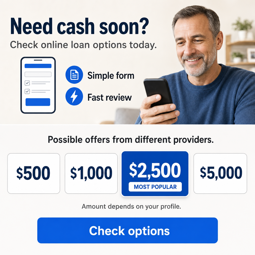 Need cash soon?  Check online loan options today Simple form Fast review Possible offers from different providers Amount depends on your profile  Button: Check options