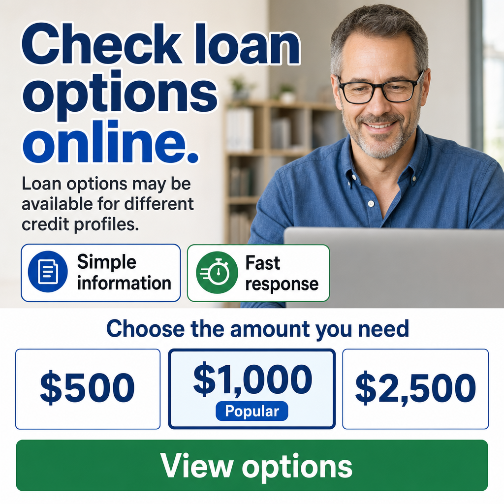 Different credit profiles  Loan options may be available Online check Simple information Fast response Choose the amount you need  Button: View options