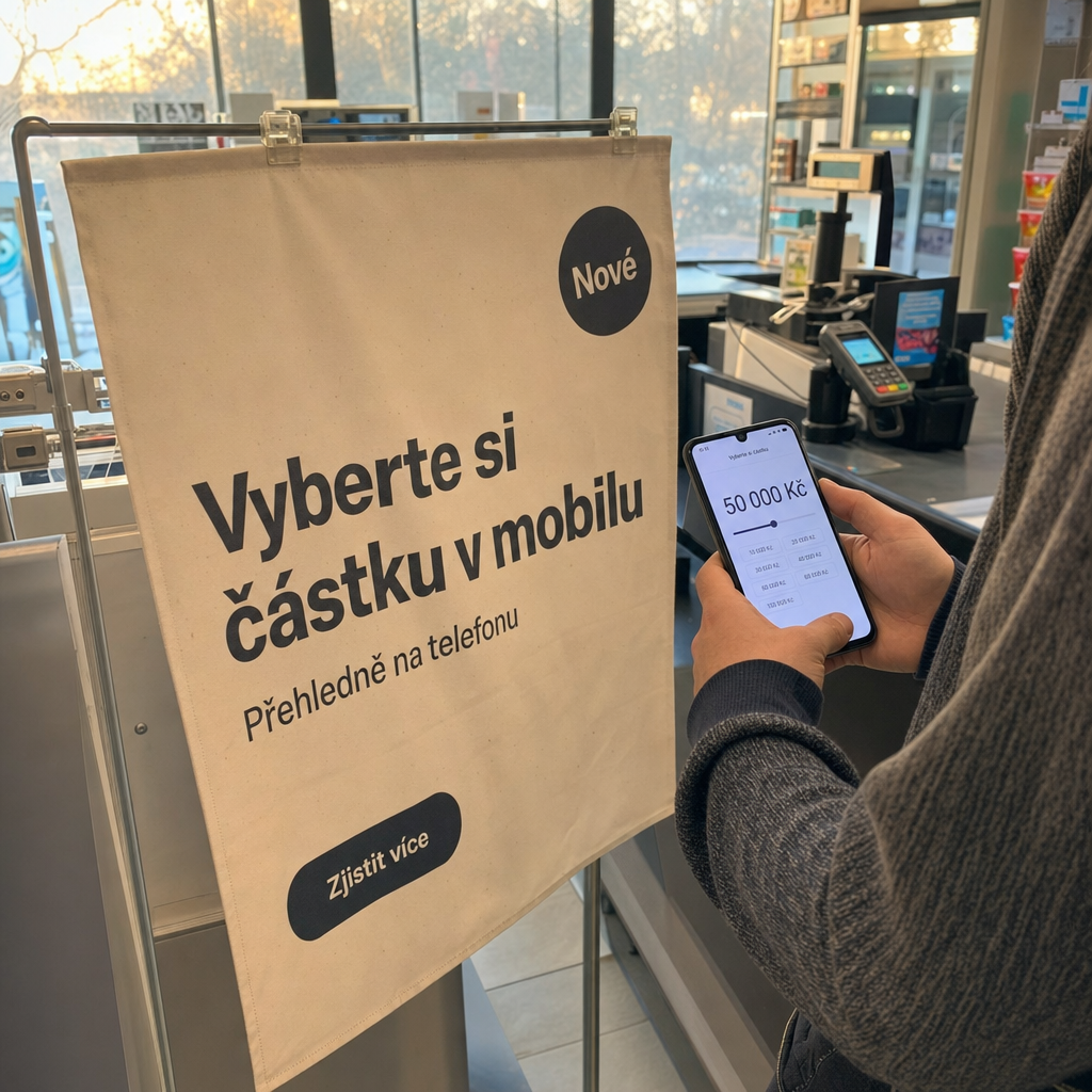 Osoba s mobilem a částkou půjčky