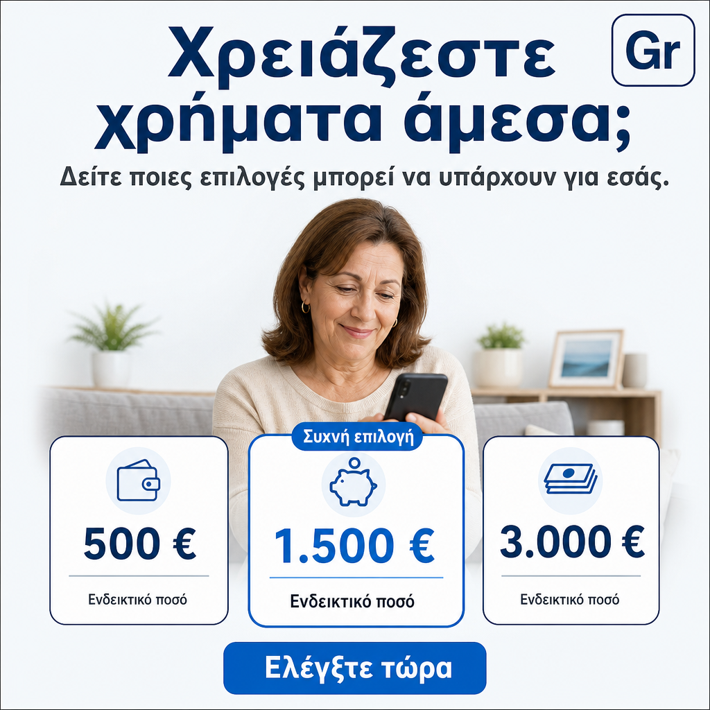 Crie uma imagem vertical 4:5 para campanha de empréstimo na Grécia, com visual limpo e moderno. Fundo claro, aparência de página de comparação financeira. No centro, coloque uma mulher grega adulta olhando para o celular com expressão de alívio. Ao lado dela, três cartões minimalistas com valores simulados. Texto principal em grego: “Χρειάζεστε χρήματα άμεσα;” Subtexto: “Δείτε ποιες επιλογές μπορεί να υπάρχουν για εσάς.” CTA pequeno: “Ελέγξτε τώρα”. Design confiável, sem parecer banco oficial, sem prometer aprovação garantida.