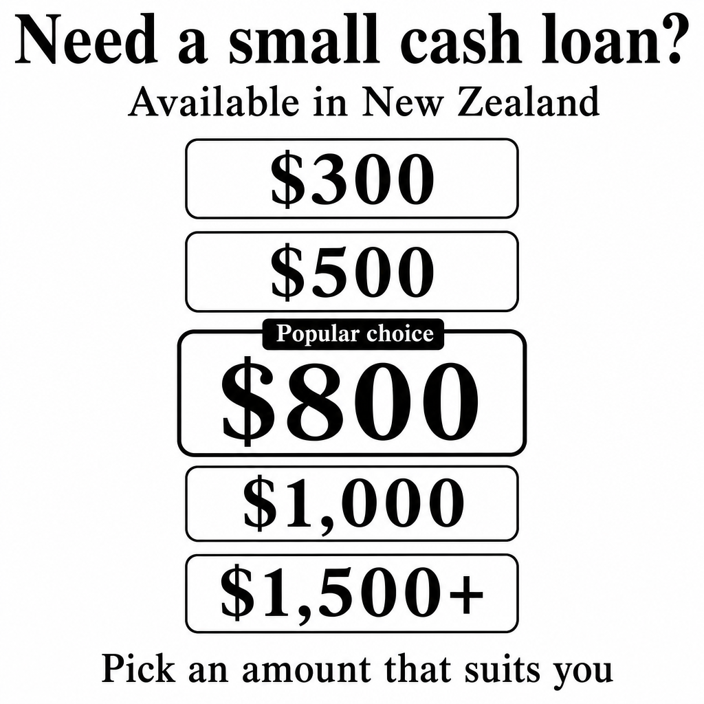 Small cash loan in New Zealand. Use the amounts $300, $800, $1,500+ in the creative.