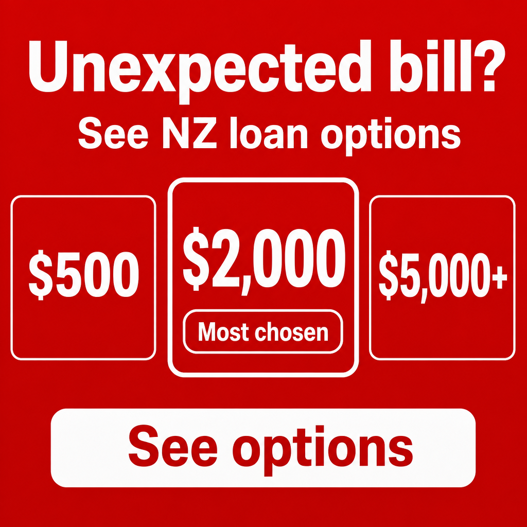 Emergency expense loan in New Zealand. Use the amounts $500, $2,000, $5,000+ in the creative.