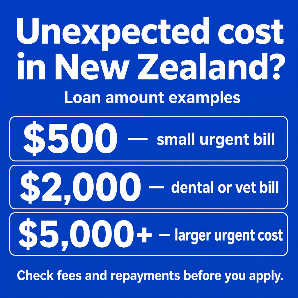 Emergency expense loan in New Zealand. Use the amounts $500, $2,000, $5,000+ in the creative.
