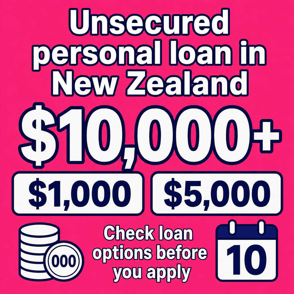 Unsecured personal loan in New Zealand. Use the amounts $1,000, $5,000, $10,000+ in the creative.