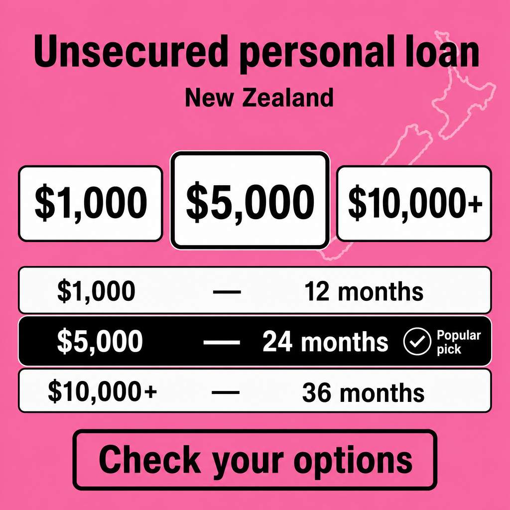 Unsecured personal loan in New Zealand. Use the amounts $1,000, $5,000, $10,000+ in the creative.