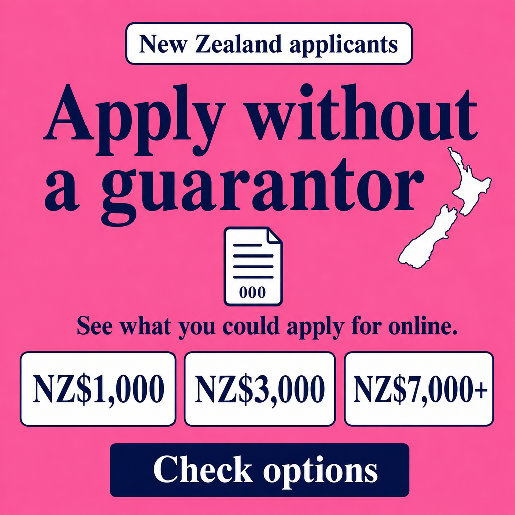 No guarantor loan in New Zealand. Use the amounts $1,000, $3,000, $7,000+ in the creative.