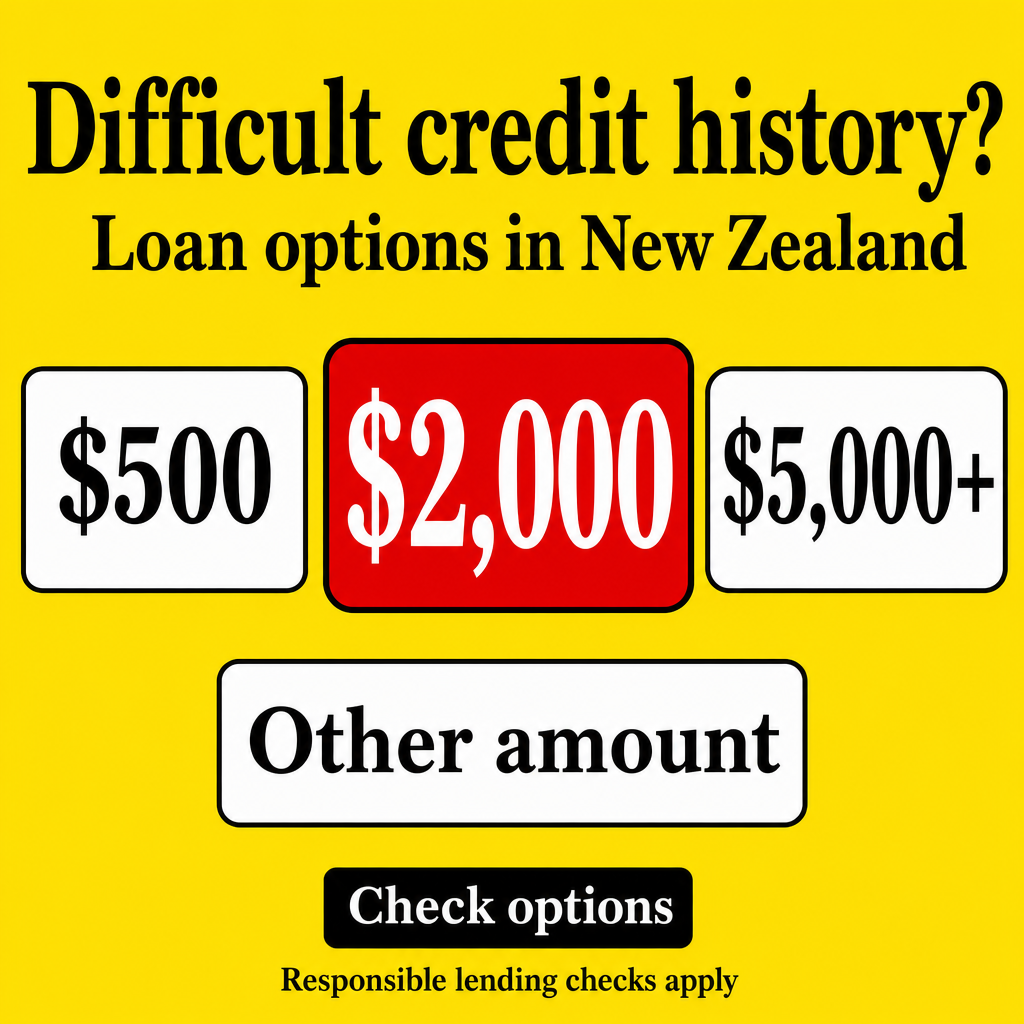 Difficult credit history loan options in New Zealand. Use the amounts $500, $2,000, $5,000+ in the creative.