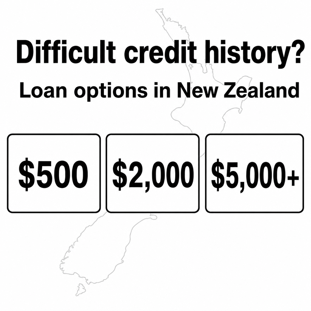 Difficult credit history loan options in New Zealand. Use the amounts $500, $2,000, $5,000+ in the creative.